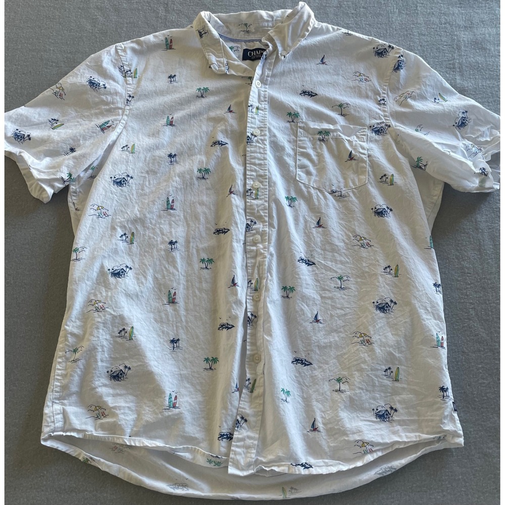 Chaps Mens White Tropical Palm Tree Surfboard Button Down Shirt Large